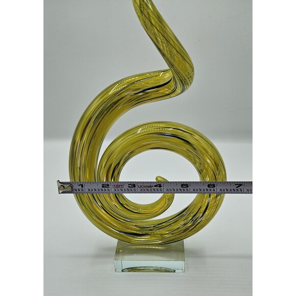 Murano Style Art 21" Glass Spiral Sculpture in Yellow Swirl Pattern With Base - Picture 9 of 11